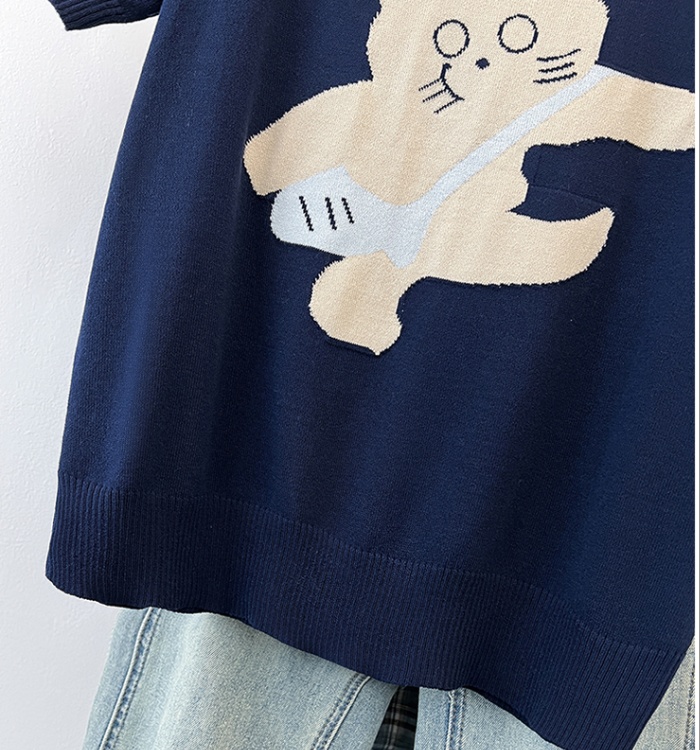 Summer embroidered knitted T-shirt gray kitty tops