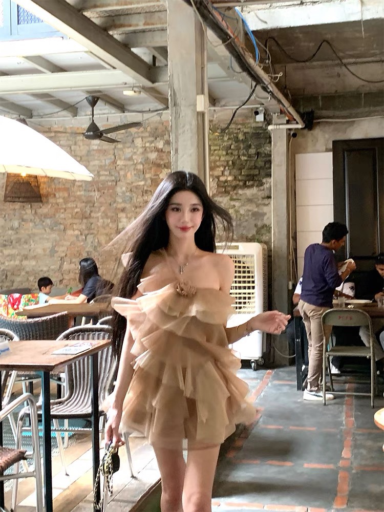 Summer France style lotus leaf edges sling dress