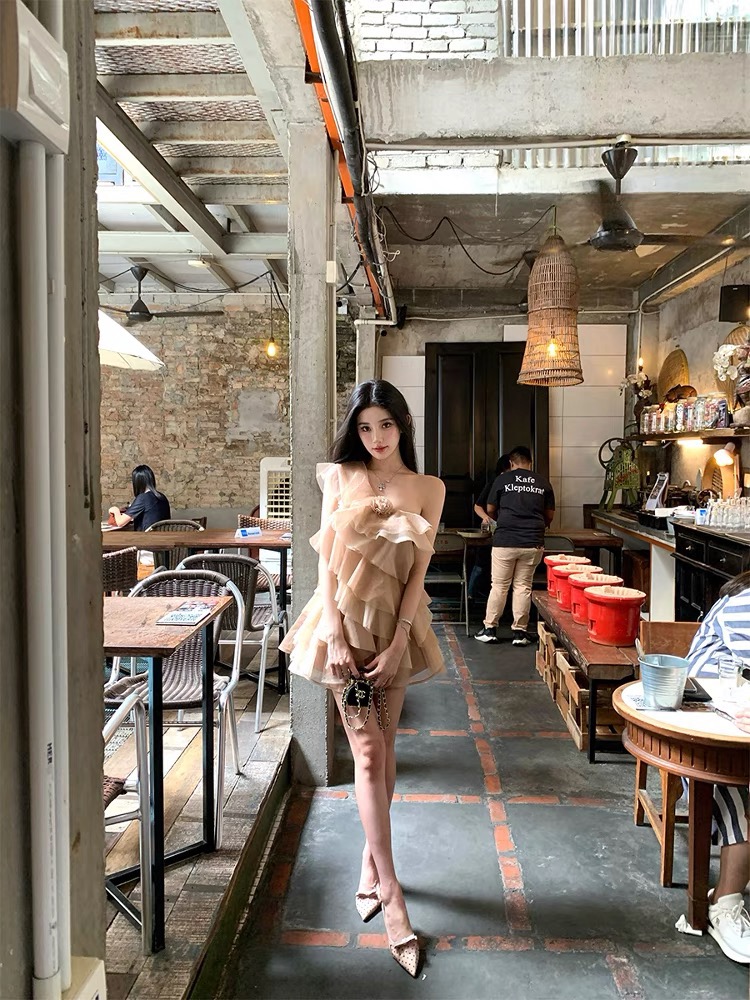 Summer France style lotus leaf edges sling dress