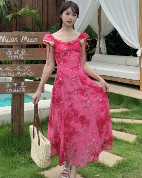 Embroidery rose-red tie dye dress