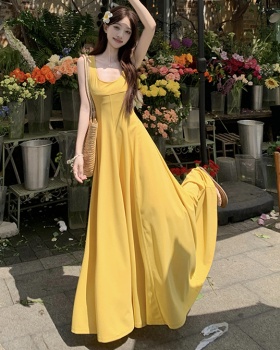 Pinched waist yellow dress A-line France style long dress