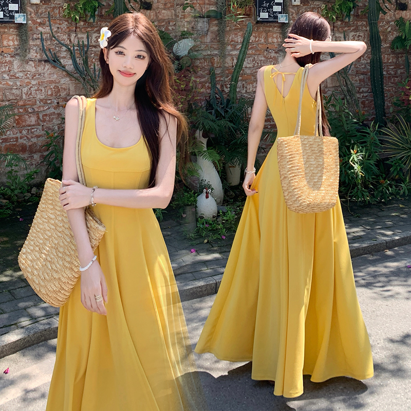 Pinched waist yellow dress A-line France style long dress