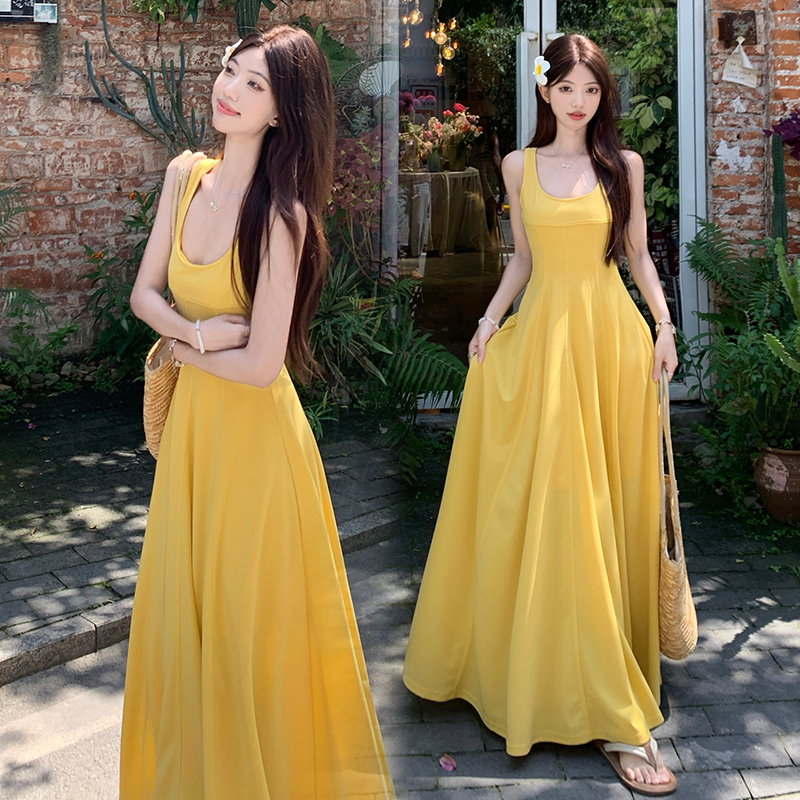 Pinched waist yellow dress A-line France style long dress