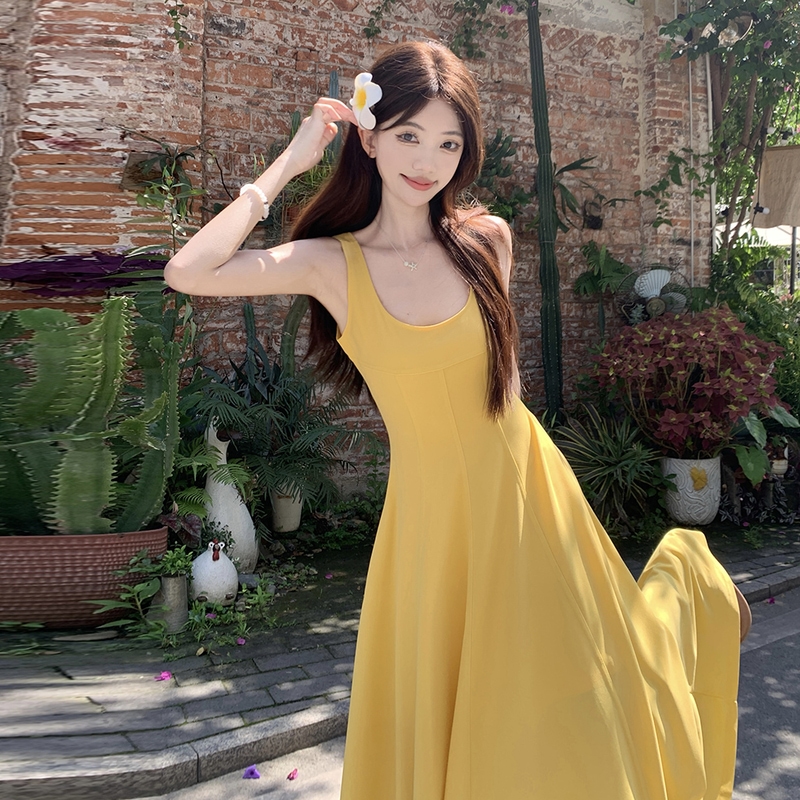 Pinched waist yellow dress A-line France style long dress