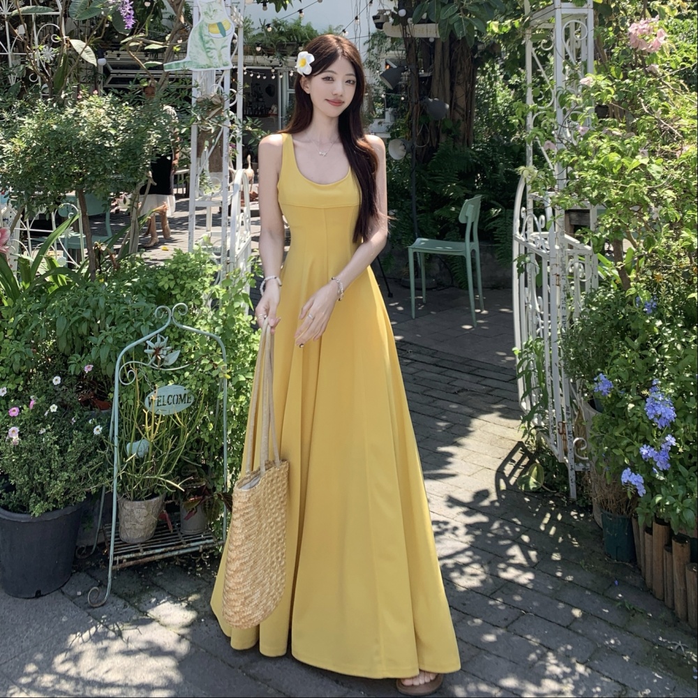 Pinched waist yellow dress A-line France style long dress