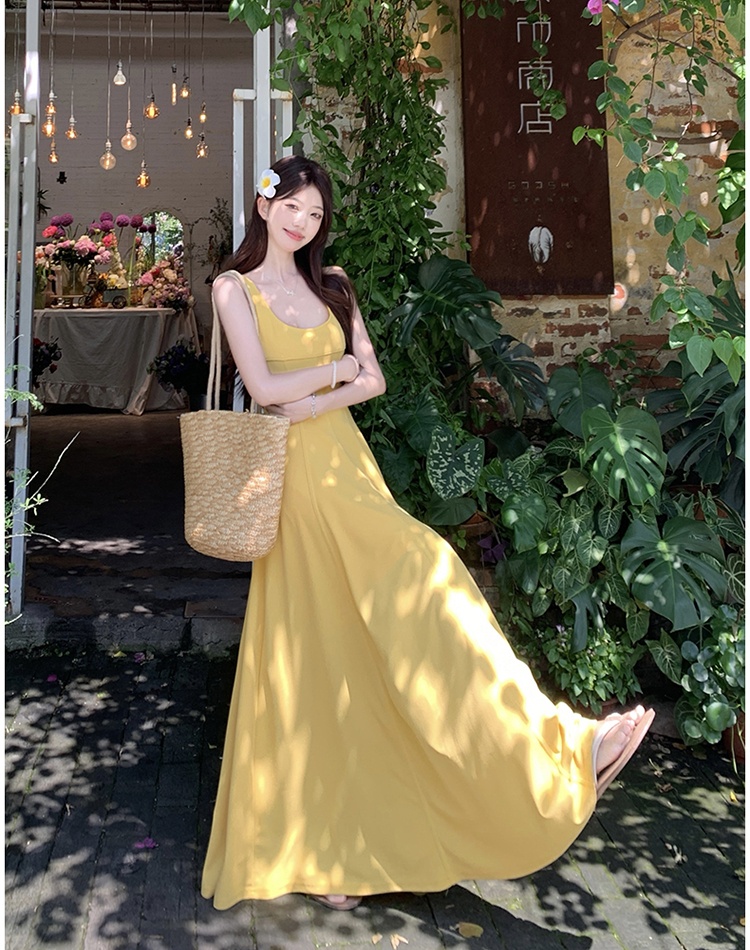 Pinched waist yellow dress A-line France style long dress