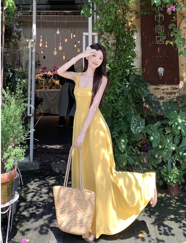 Pinched waist yellow dress A-line France style long dress