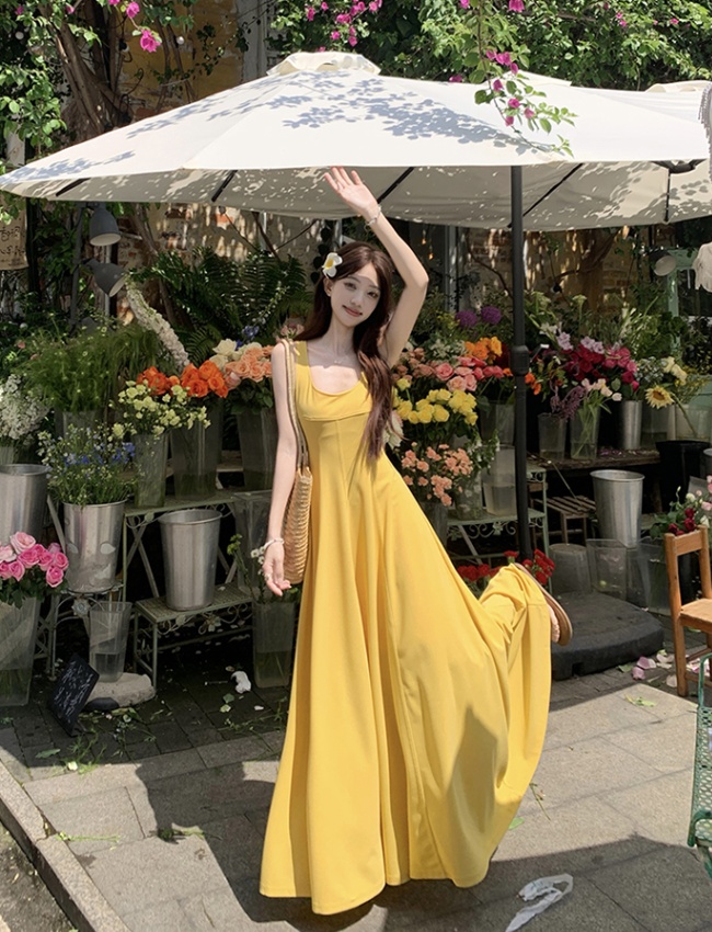 Pinched waist yellow dress A-line France style long dress