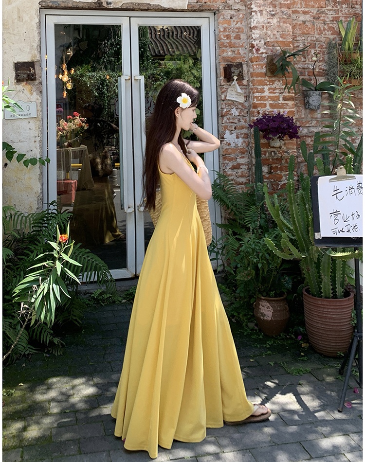 Pinched waist yellow dress A-line France style long dress