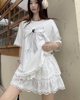Bow lace tops hand-painted white T-shirt a set for women