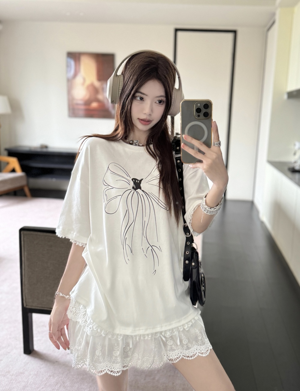 Bow lace tops hand-painted white T-shirt a set for women