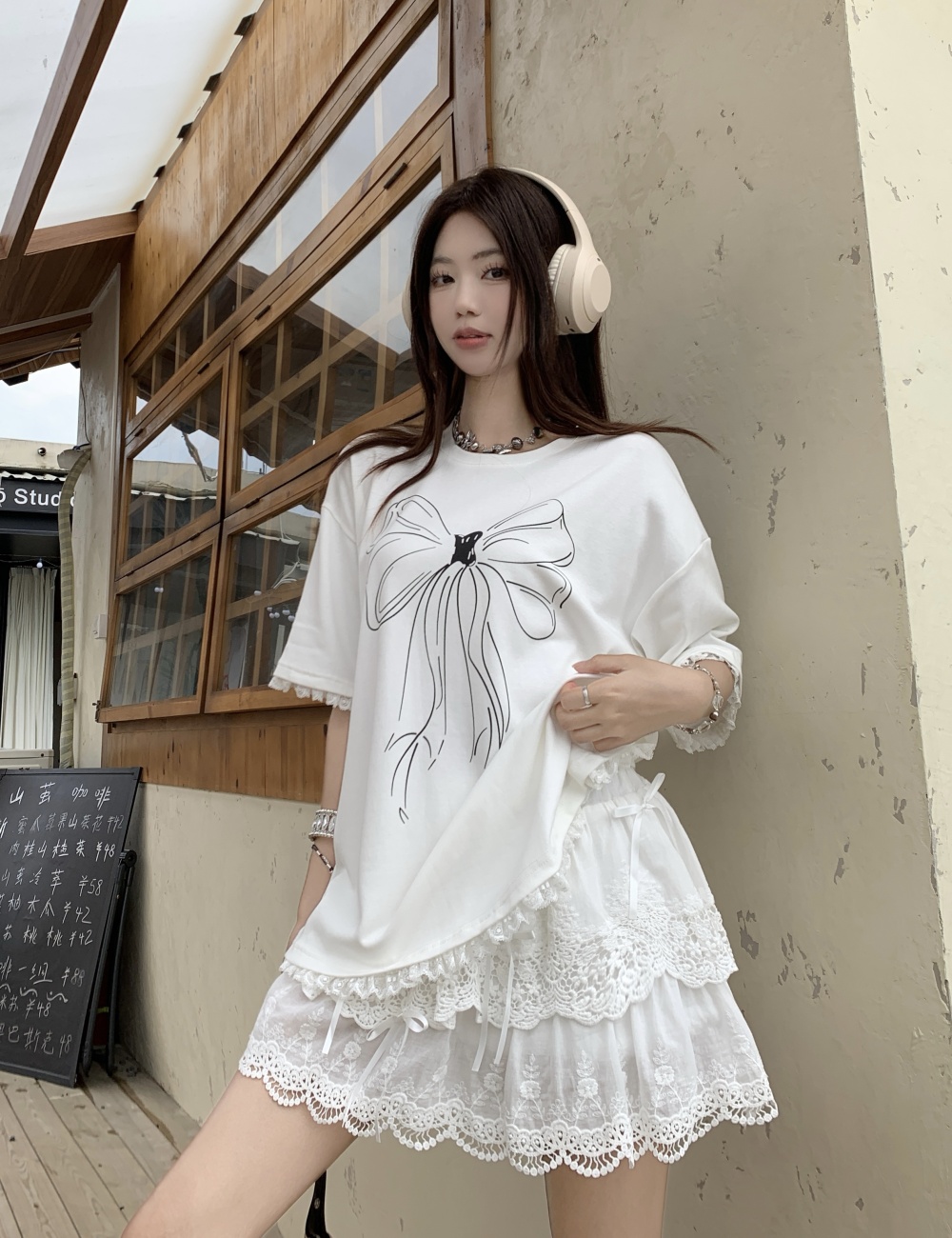 Bow lace tops hand-painted white T-shirt a set for women
