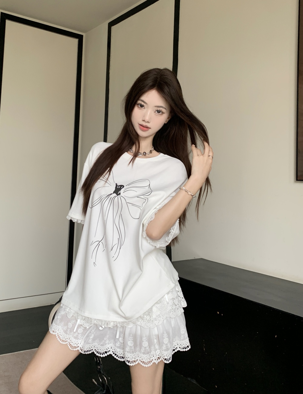 Bow lace tops hand-painted white T-shirt a set for women