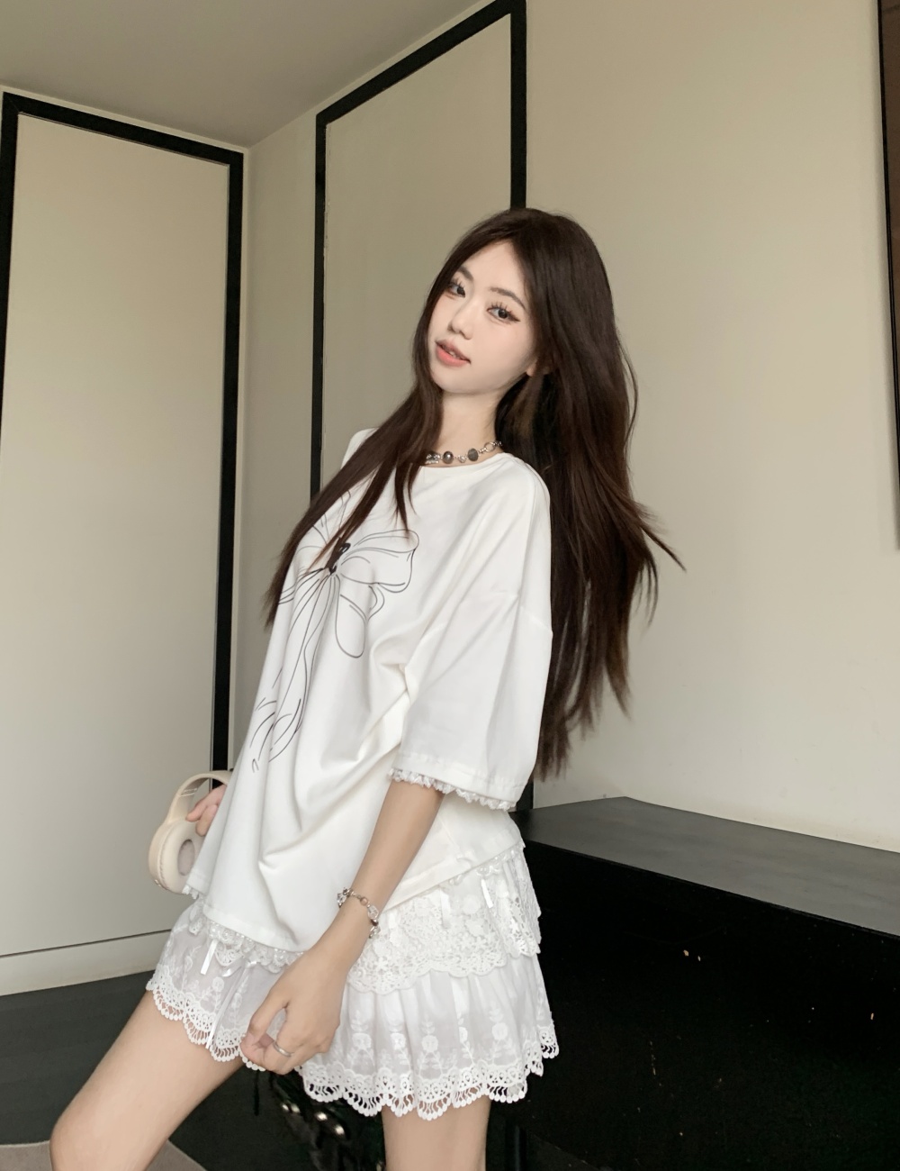 Bow lace tops hand-painted white T-shirt a set for women
