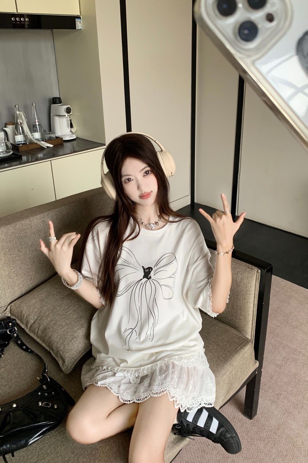 Bow lace tops hand-painted white T-shirt a set for women