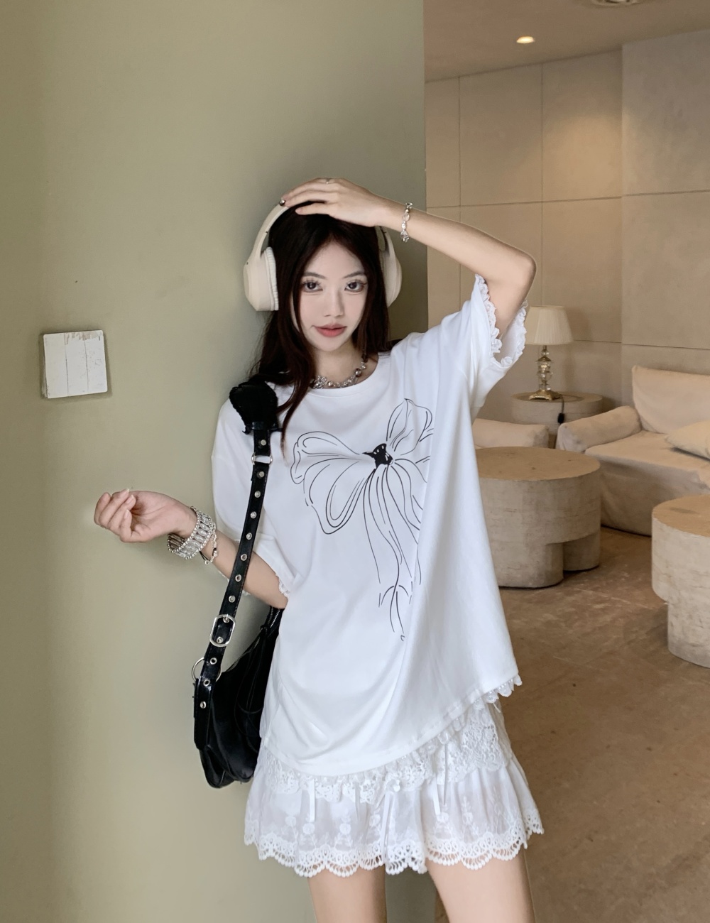 Bow lace tops hand-painted white T-shirt a set for women