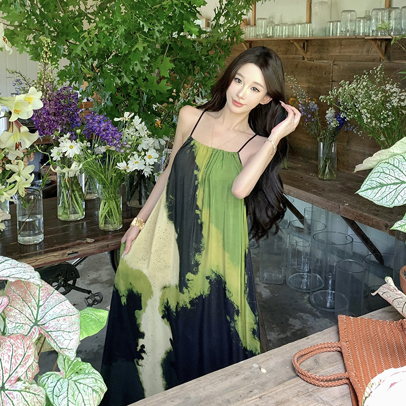 Vacation retro long dress colors printing dress