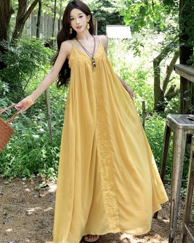 Yellow seaside summer long dress halter vacation dress
