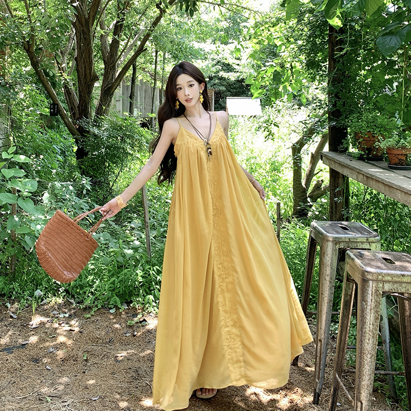 Yellow seaside summer long dress halter vacation dress