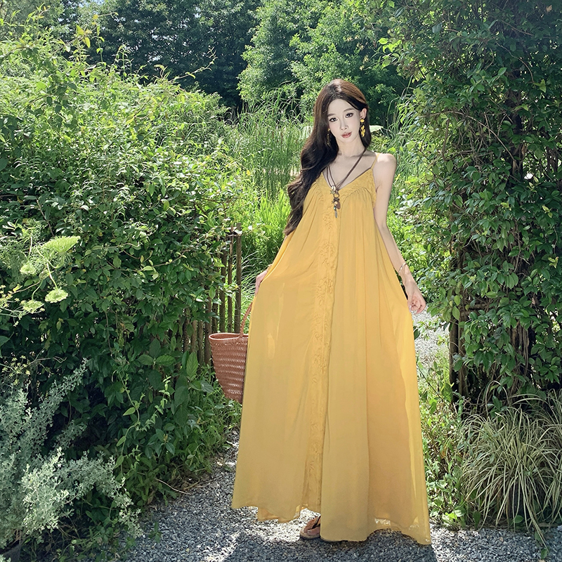Yellow seaside summer long dress halter vacation dress