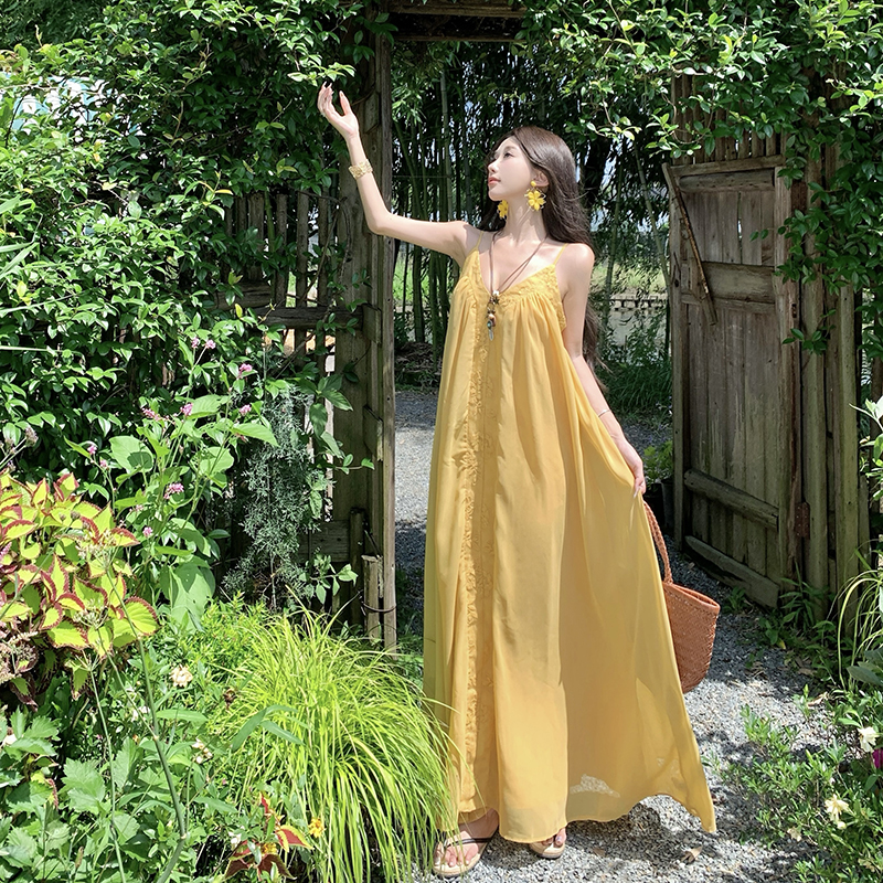 Yellow seaside summer long dress halter vacation dress