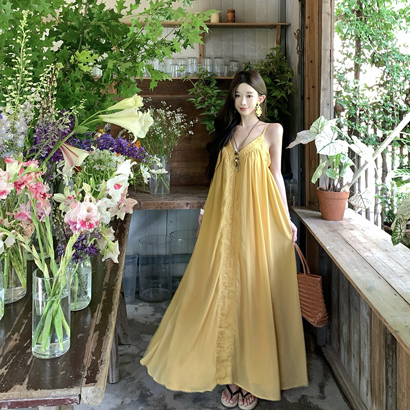 Yellow seaside summer long dress halter vacation dress