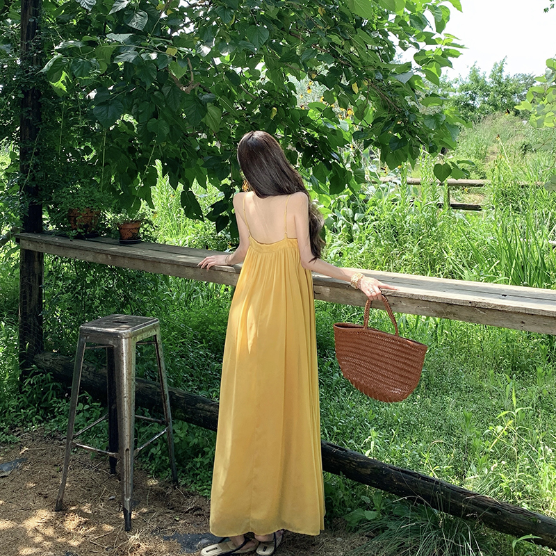 Yellow seaside summer long dress halter vacation dress