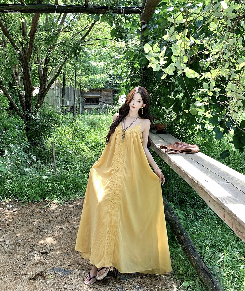 Yellow seaside summer long dress halter vacation dress