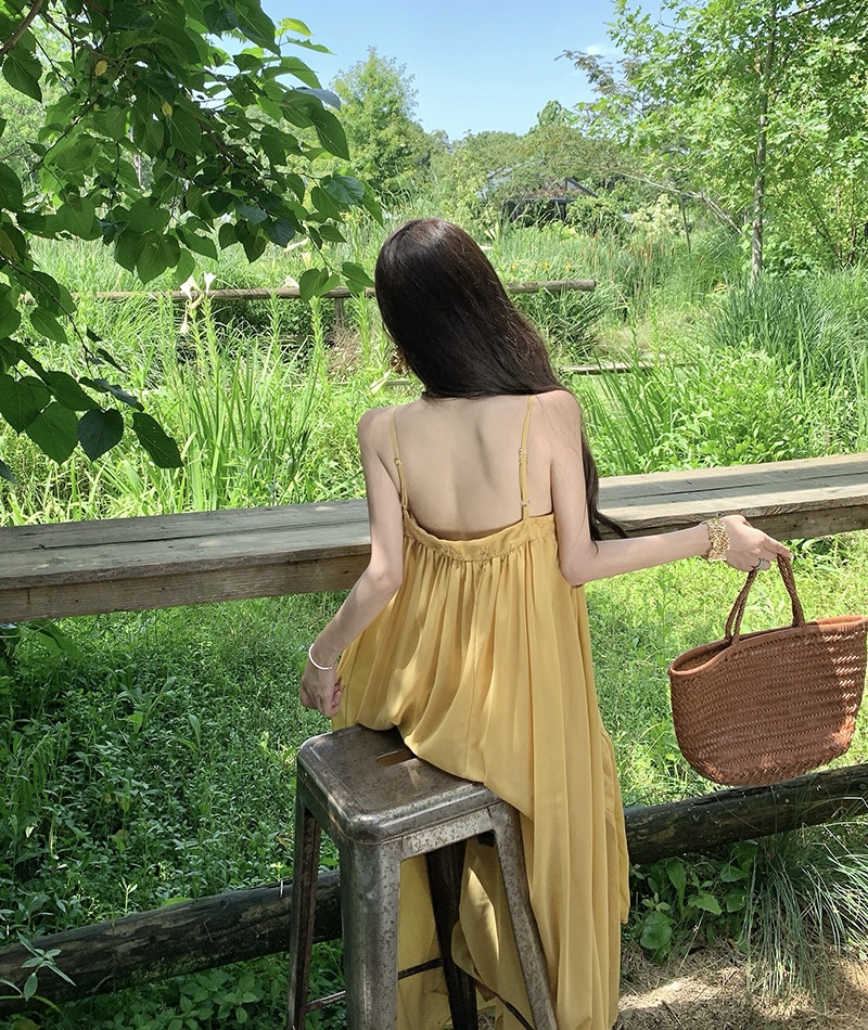 Yellow seaside summer long dress halter vacation dress