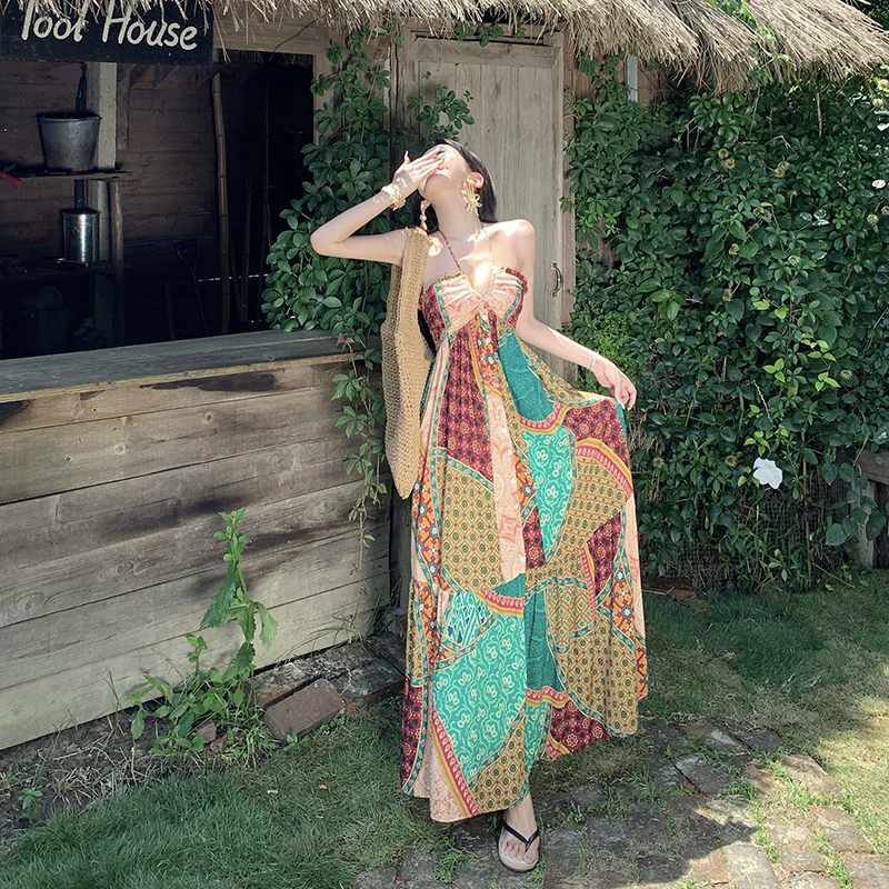 National style Bohemian style long dress halter dress