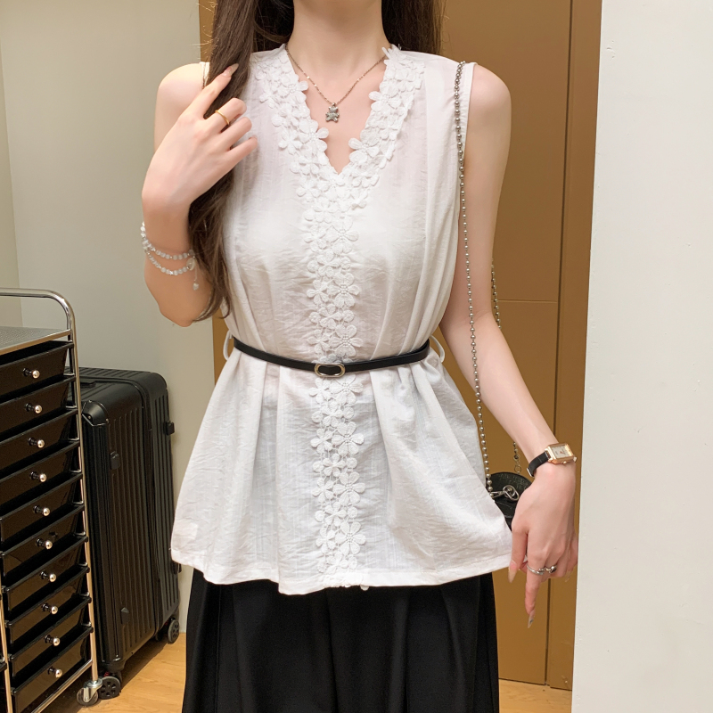 Loose pinched waist small shirt lace shirt for women