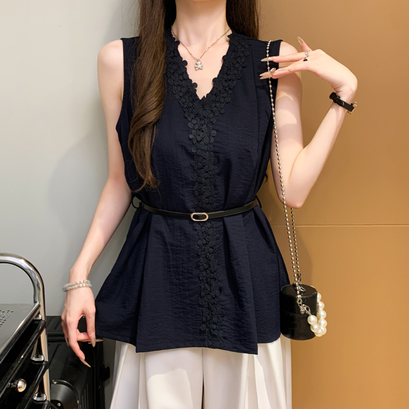 Loose pinched waist small shirt lace shirt for women