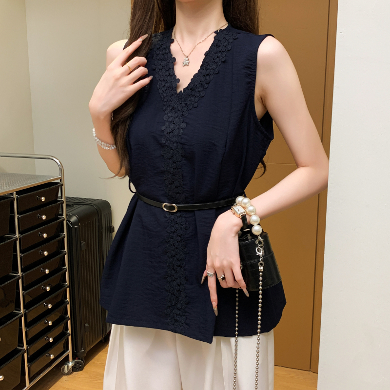 Loose pinched waist small shirt lace shirt for women