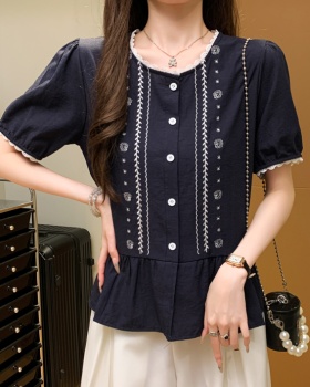 Puff sleeve fashion shirt embroidery lace tops for women
