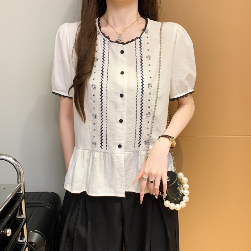 Puff sleeve fashion shirt embroidery lace tops for women
