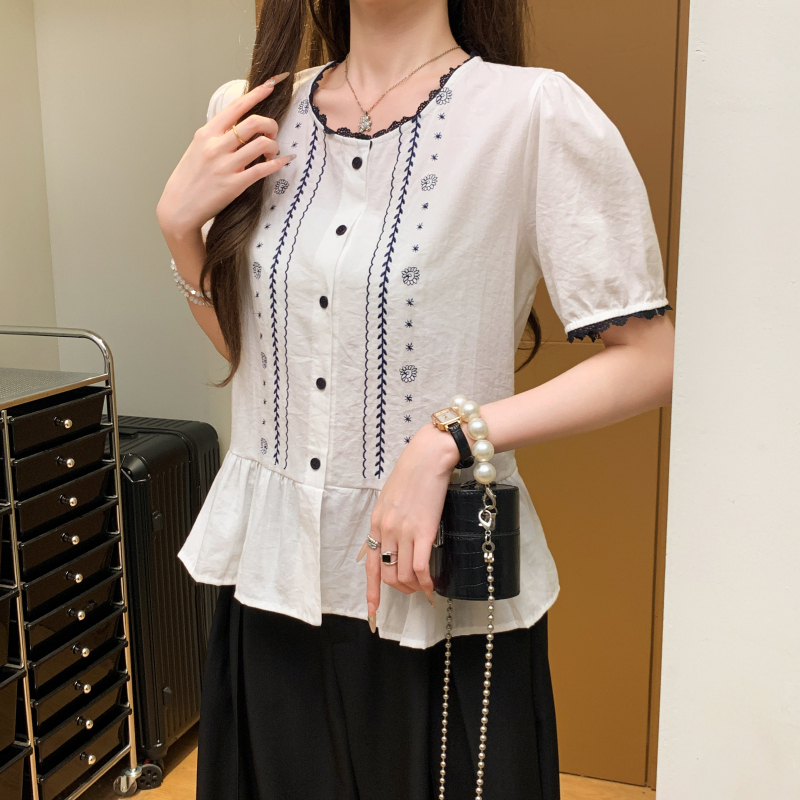 Puff sleeve fashion shirt embroidery lace tops for women