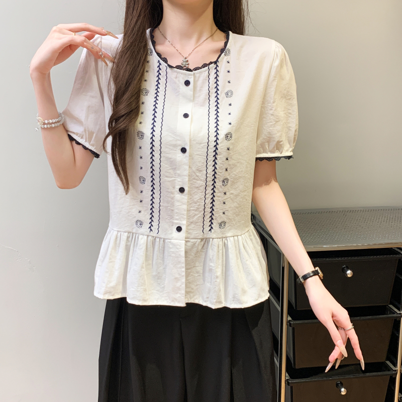 Puff sleeve fashion shirt embroidery lace tops for women