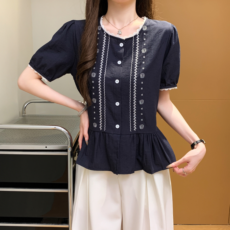 Puff sleeve fashion shirt embroidery lace tops for women