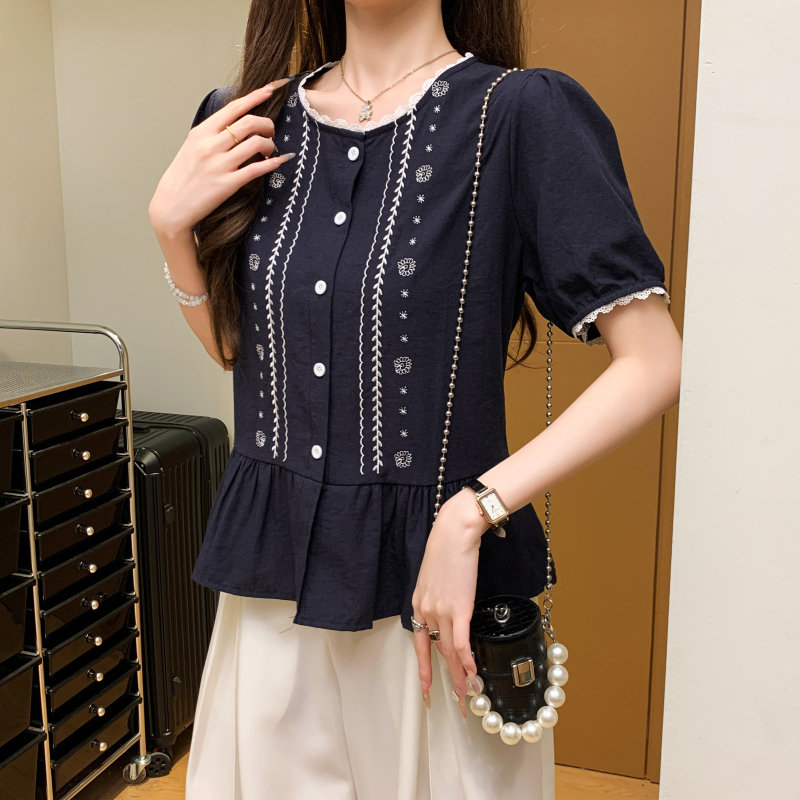 Puff sleeve fashion shirt embroidery lace tops for women