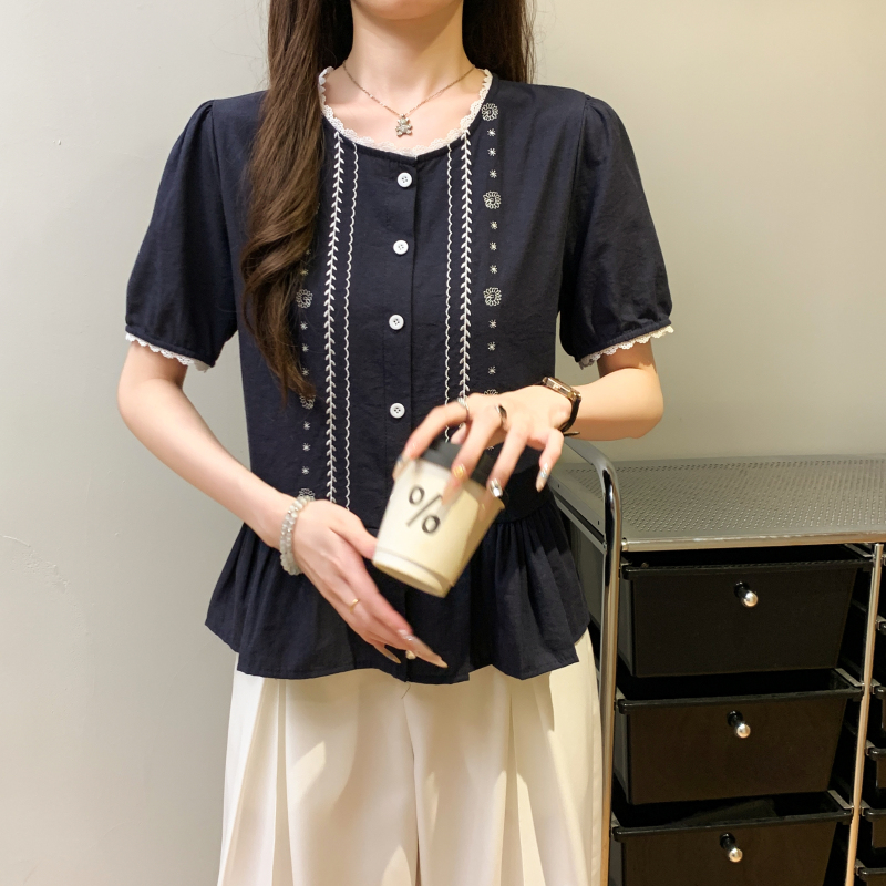 Puff sleeve fashion shirt embroidery lace tops for women