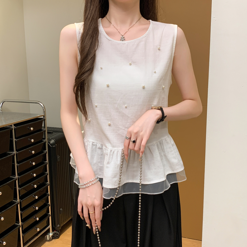 Summer sleeveless beading shirt bow lace tops for women