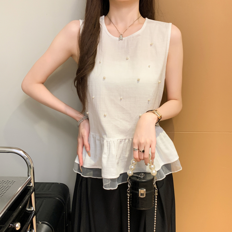 Summer sleeveless beading shirt bow lace tops for women