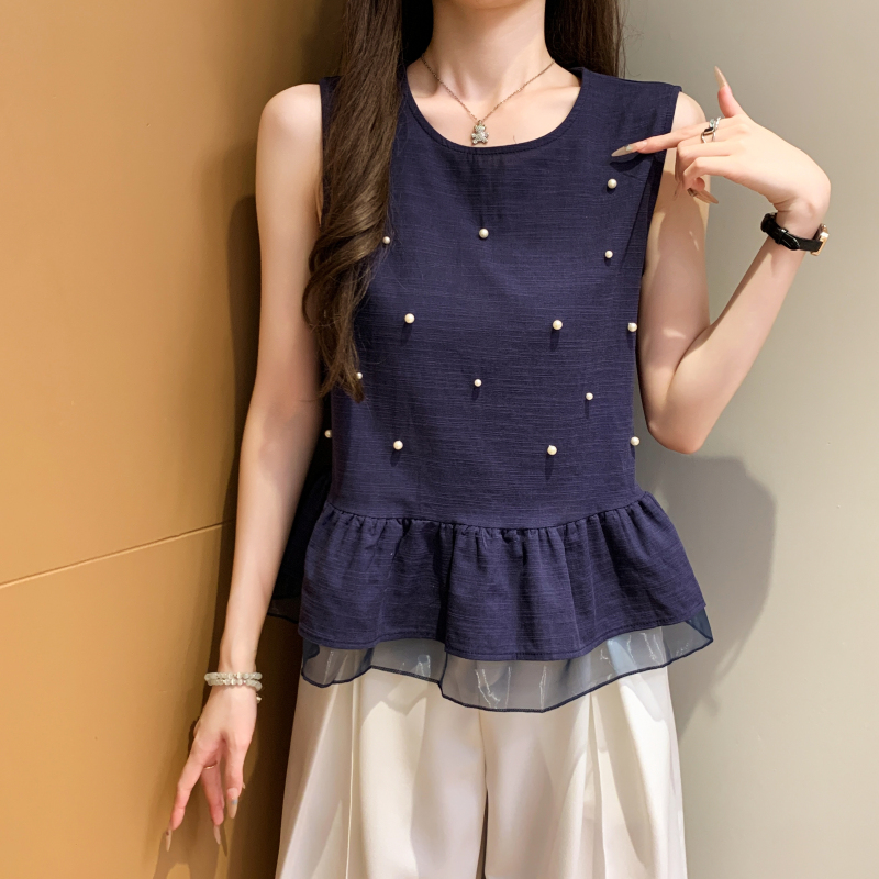 Summer sleeveless beading shirt bow lace tops for women