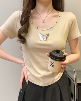Short sleeve butterfly tops pinched waist T-shirt for women