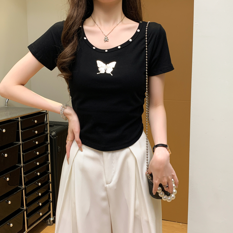 Short sleeve butterfly tops pinched waist T-shirt for women