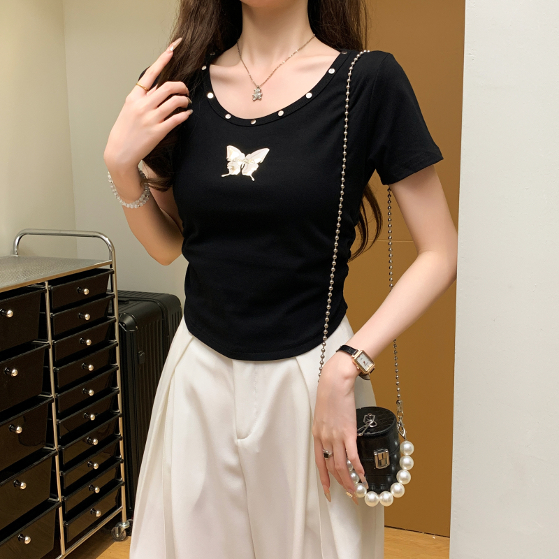 Short sleeve butterfly tops pinched waist T-shirt for women