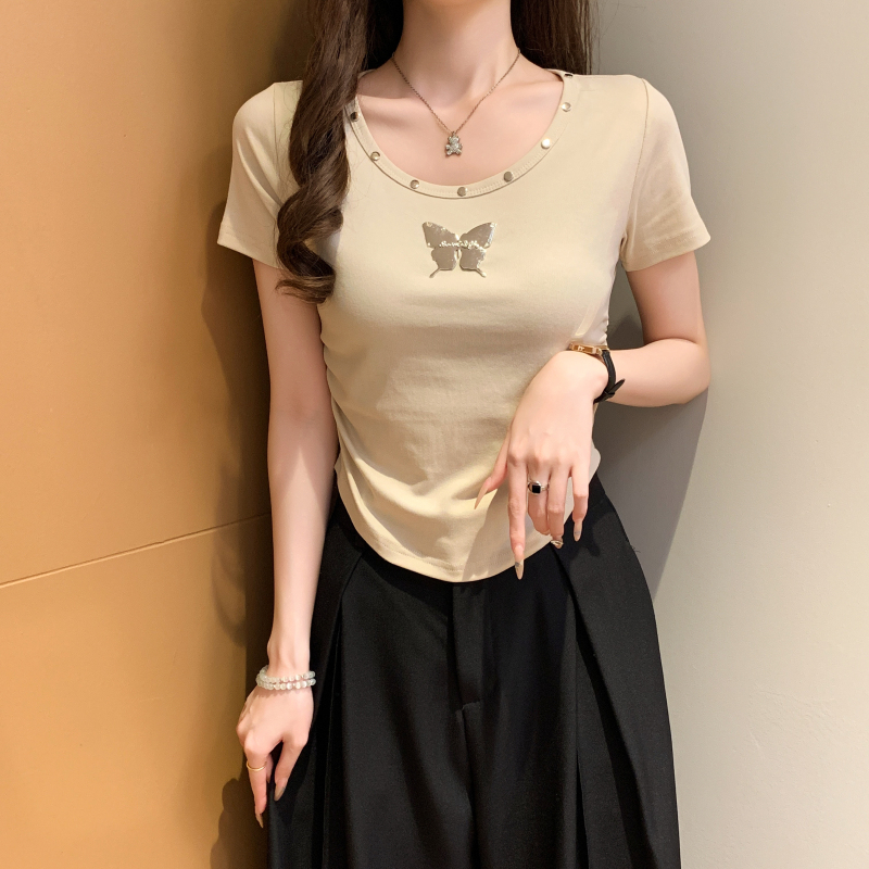 Short sleeve butterfly tops pinched waist T-shirt for women