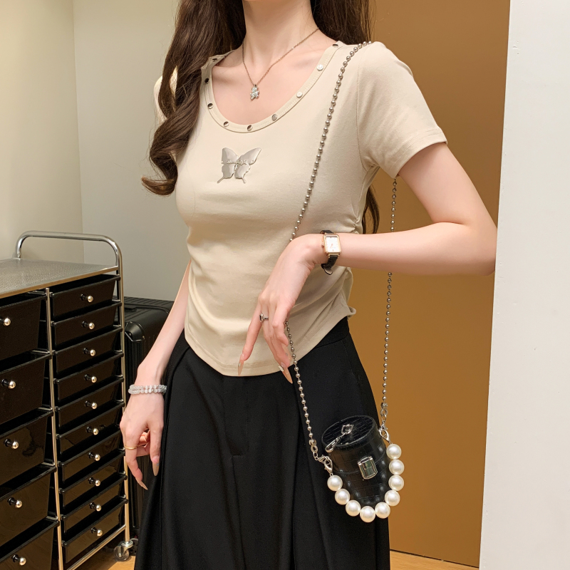 Short sleeve butterfly tops pinched waist T-shirt for women
