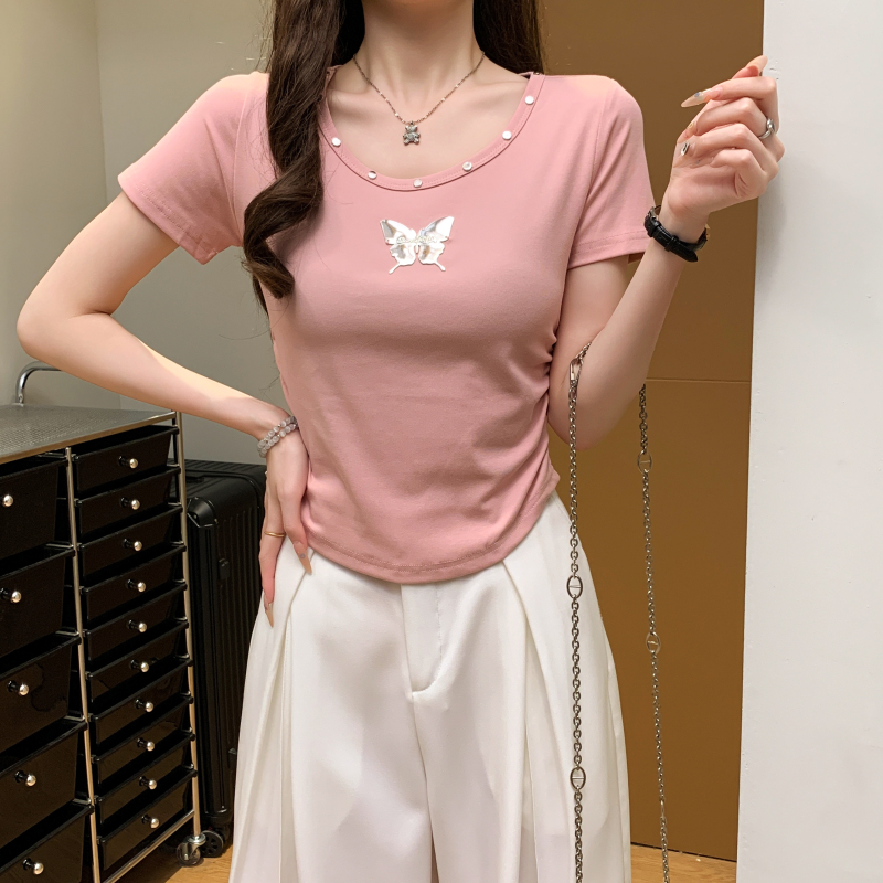 Short sleeve butterfly tops pinched waist T-shirt for women