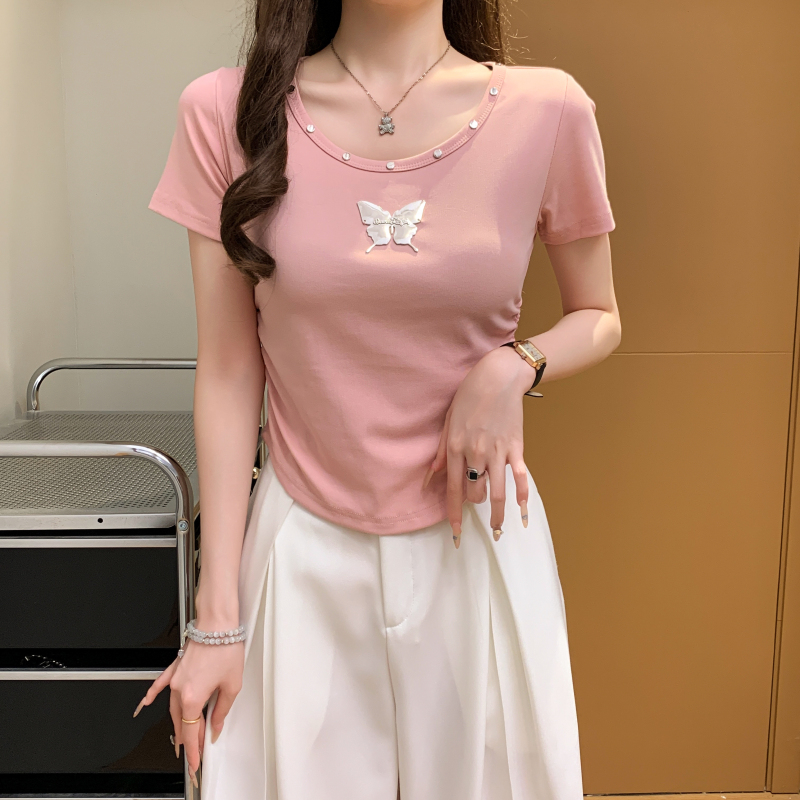 Short sleeve butterfly tops pinched waist T-shirt for women